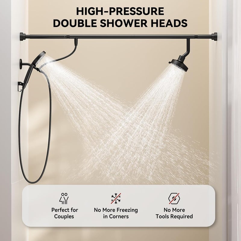 NTPN Dual Shower Head with Handheld for Couples, High Pressure Double Shower Heads for Two People Rod, Two Showerhead System Fit 2 Person, Gifts for Women Men, SPA-Like (Black, Segmented Design) - Image 4